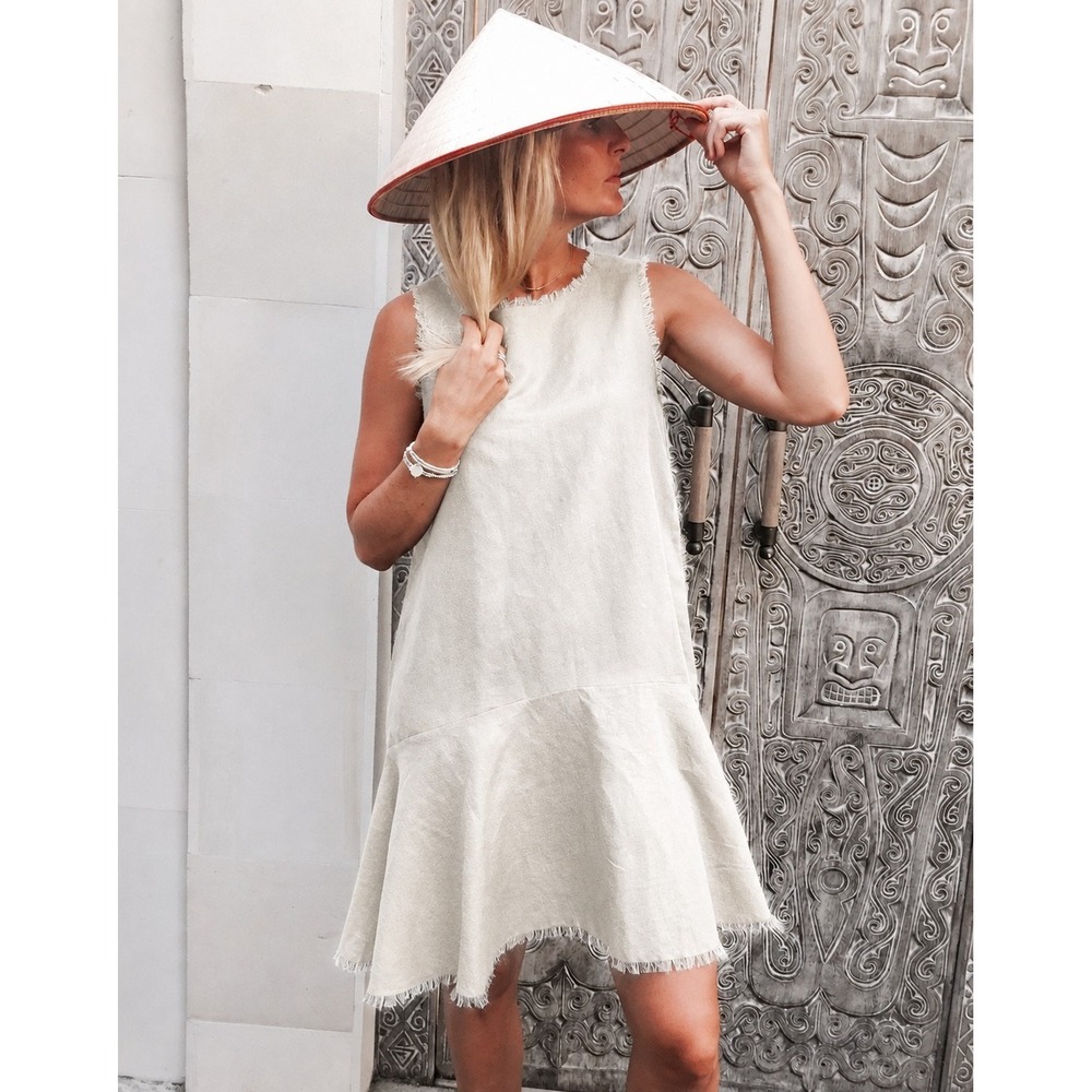 LJC Designs Womens L 100% Linen Ivory Frayed Hem Sleeveless Drop Waist Dress